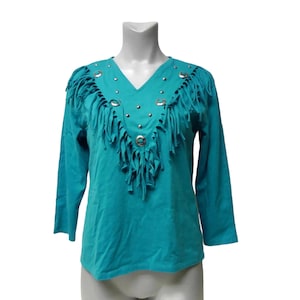 80s Saisa LTD green fringe long sleeve top . medium . made in USA
