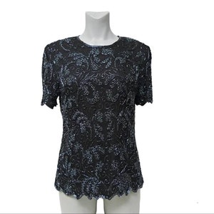 Papell Boutique . black and iridescent black beaded silk blouse . large