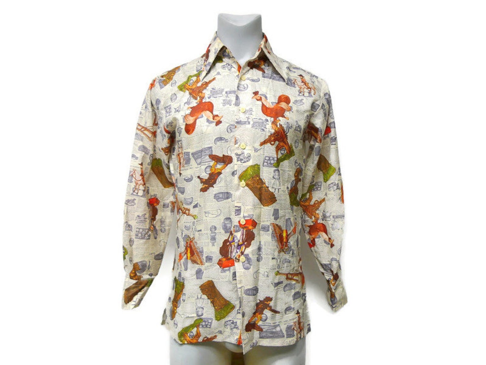 Quest Sportswear . 70s newspaper print button down shirt . Etsy