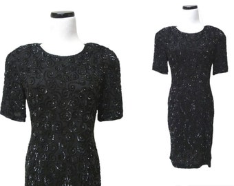 80s - 90s NITE LINE beaded black silk dress . size 6