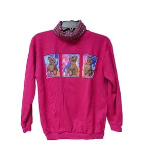 80s Boomerang Teddy Bears faux turtleneck pink sweatshirt . youth size L 14 / 16 . made in USA