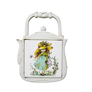 70s Holly Hobby Style tile trivet / teapot wall décor