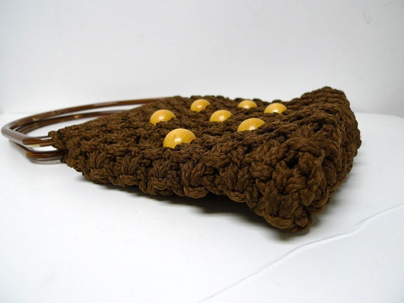 70s dark brown MACRAME double top handle handbag - image 4