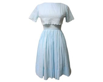 Her First Dance . 50s embroidered light blue dress . fits an extra small to small . Union Made . Made in USA