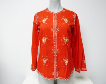 Lily hand embroidered long sleeves red top . size 36  . fits M