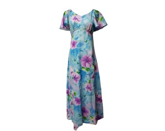 60s Pomare Hibiscus print bell sleeved long dress . fits like S - M