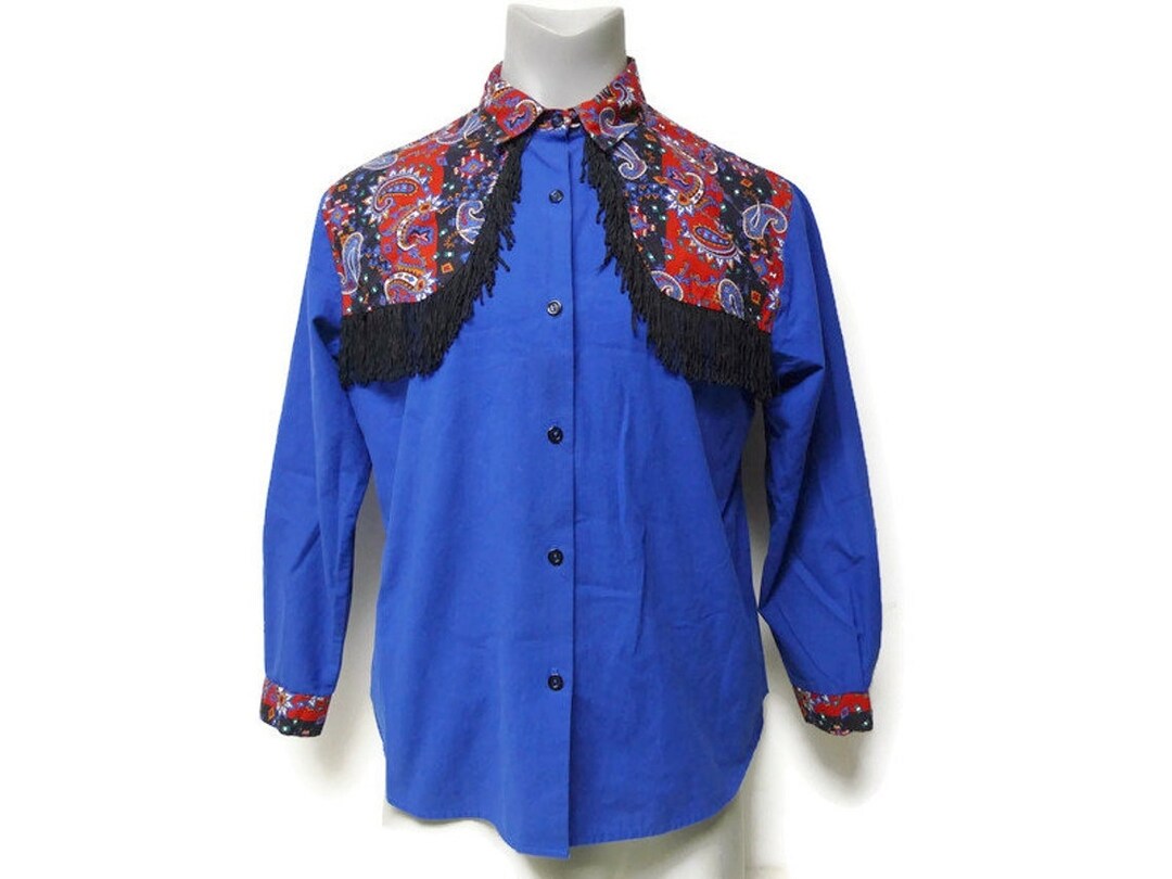 80s 90s Ozark Mountain Jean Company Blue Fringed Button Down Etsy