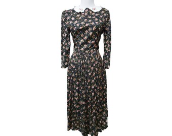 90s Floral Rayon Dress: Embroidered Collar, Long Sleeve - Small