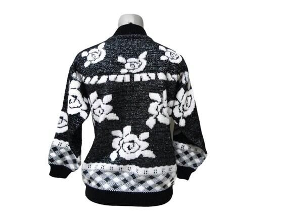 80s black and white floral pattern knitted sweate… - image 3