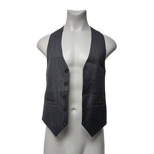May include: A dark gray pinstripe vest with a button closure.