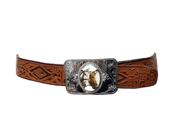 horses belt buckle and tooled leather belt . fits M - L