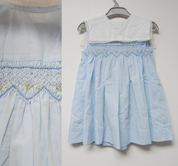 Polly Flinders . hand smocked blue and white slee… - image 1