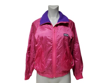 80s - 90s Lands' End hot pink and purple fleece lined jacket . size youth 14 . made in USA