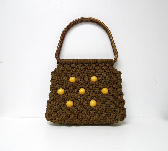 70s dark brown MACRAME double top handle handbag - image 1