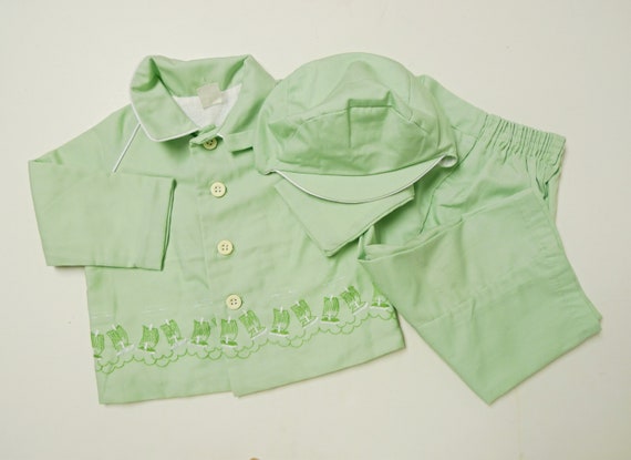 50s sailboat embroidery green pants shirt and hat… - image 1