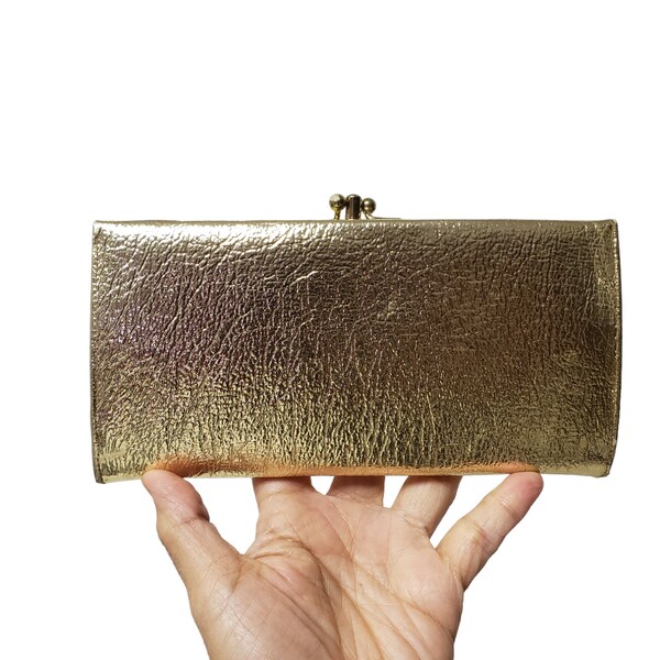 60s Baronet metallic gold multi-compartment kiss lock wallet
