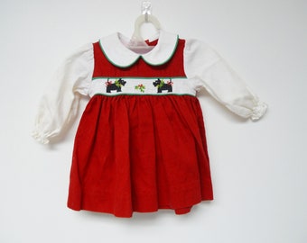 Will'Beth . Scottish Terrier cross stitched Holiday dress . size 6 months