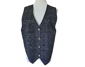 90s - 00s Agapo Collection black embroidered suede leather-front vest . M