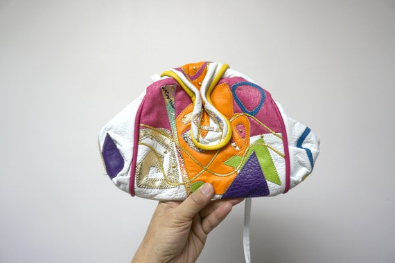 80s colorful patchwork leather framed shoulder ba