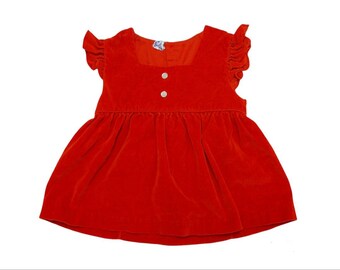 50s red velvet ruffled sleeves dress / pinafore . fits 12 - 24 mos  . made in Philippines