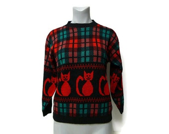 70s - 80s Teasers cat knitted sweater . medium . made in USA