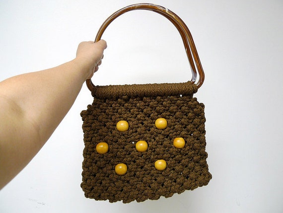 70s dark brown MACRAME double top handle handbag - image 2