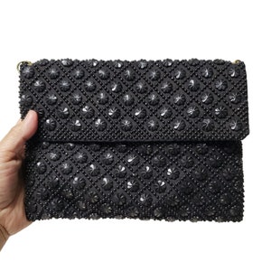 60s - 70s black beaded shoulder / envelope clutch bag . Made in Hong Kong