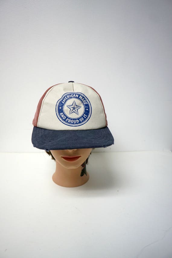 American Made and Proud of It . tri color cap . leather strap . made in USA