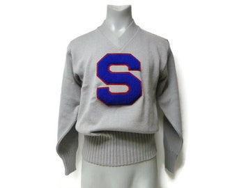 Art Knitting Mills . 1966 S Letter V-neck Varsity wool sweater .  fits M - L