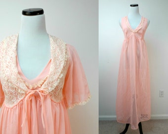 50s - 60s  2-piece sheer peach sleepwear .  small . made in USA