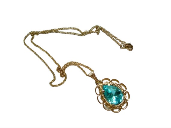 Blue green glass pendant and gold tone chain - image 2