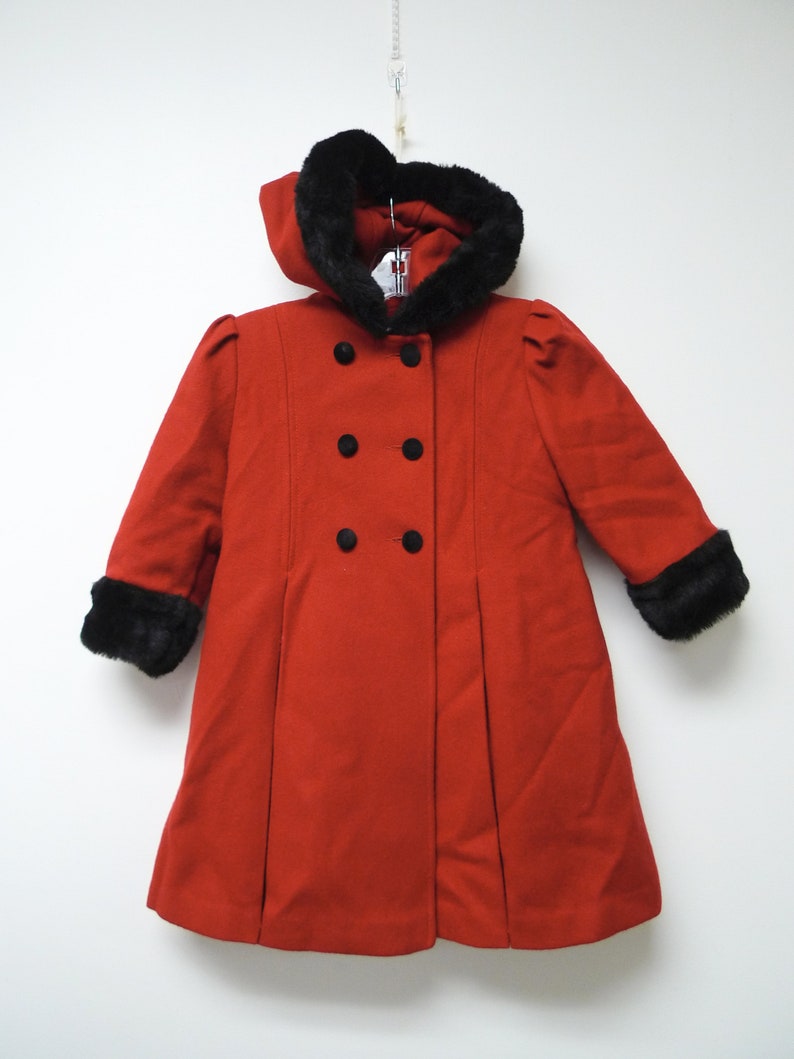 Stephanie Mathews Kids girls size 4 black and red wool and faux fur trim hooded double breasted coat