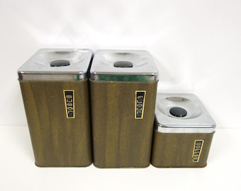 70s kitchen FAUX WOOD tin canister set