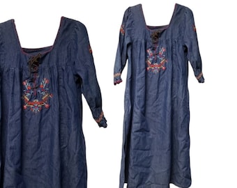 80s - 90s Naqui New York embroidered Chambray Boho dress . medium