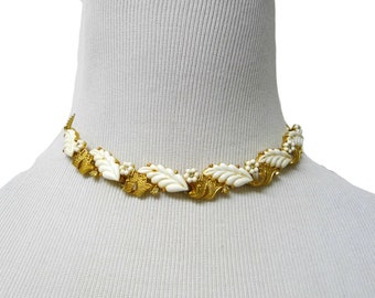 Rousseau . white floral vines and rhinestones . goldtone . fruit salad choker / necklace