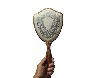 50s ornate metal handheld vanity mirror