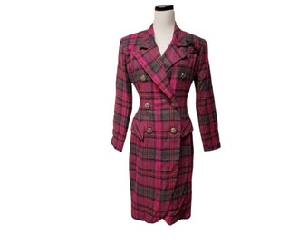 80s Irresistible by Sue Eng pink and gray plaid blazer dress . size 9 / 10 . made in USA