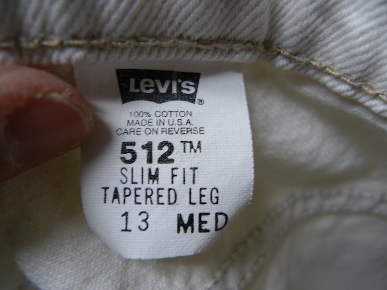 Levi/'s 512 slim fit tapered leg white denim jeans made in USA size 13 MED