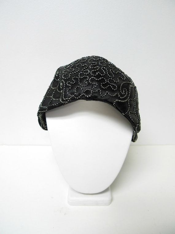 1940s black and silver cord embroidered hat with s