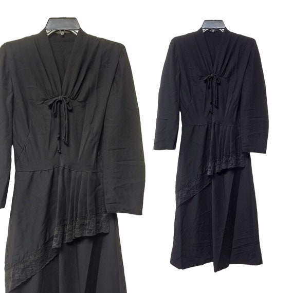40s black pleated V-neck dress . fits - image 1