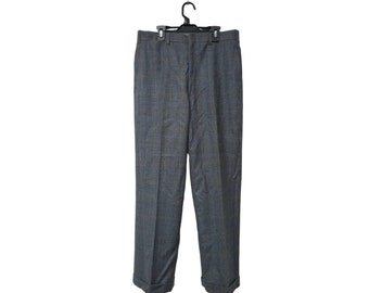 glen plaid trousers with belt loops and inside brace buttons .  32" waist . 28" inseam