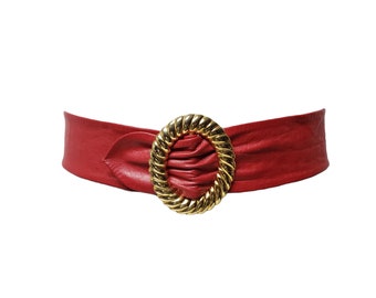 70s - 80s gold oval buckle red leather wide belt