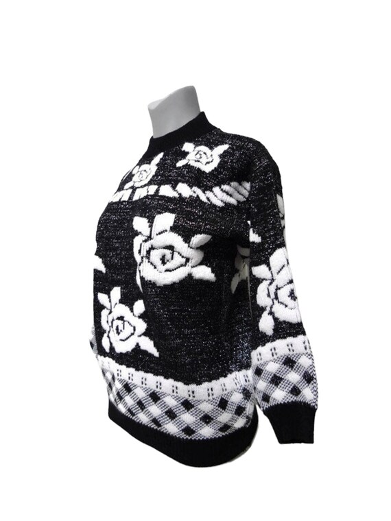 80s black and white floral pattern knitted sweate… - image 2
