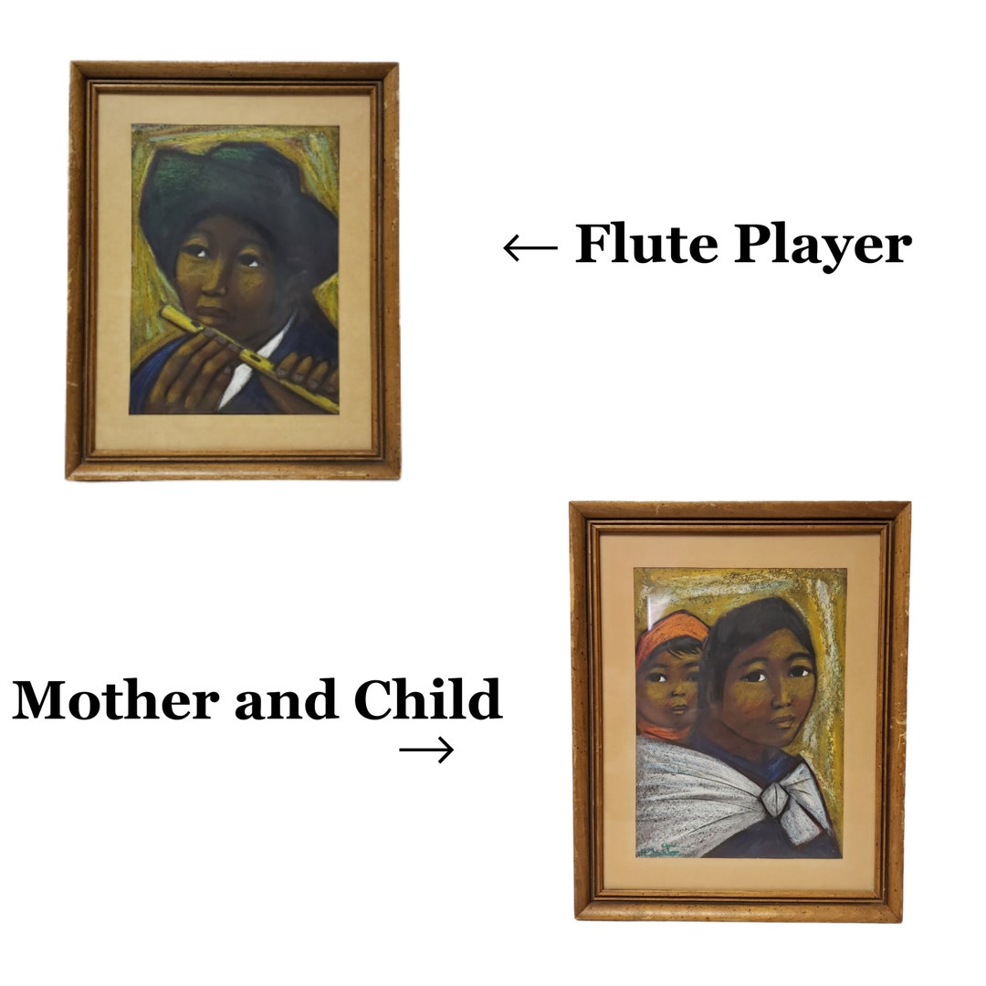 60s 70s Flute Player or Mother and Child Pastel Painting by Arturo
