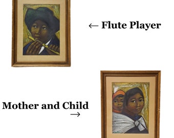60s - 70s Flute Player or Mother and Child pastel painting by Arturo Nieto (1933 – 1995, Quito Ecuador) . framed