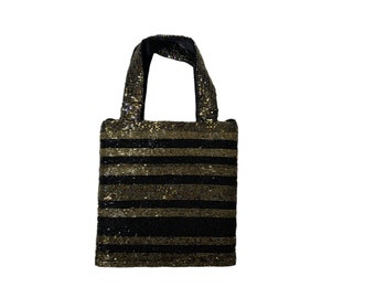 90s - 00s Valerie Stevens black and gold micro-beaded top handle / crossbody bag