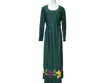 Vintage 70s Leslie Fay Maxi Dress: Green Floral Embroidery, Bust 38"