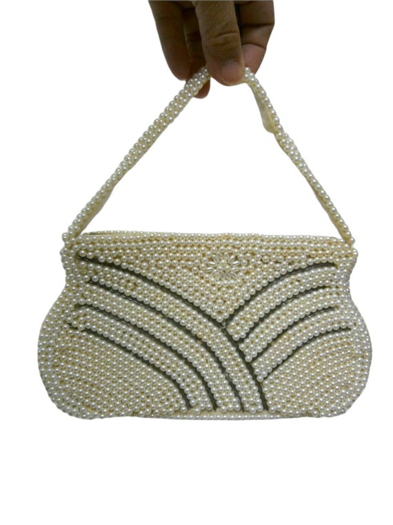 50s beaded faux pearl handbag . made in Japan