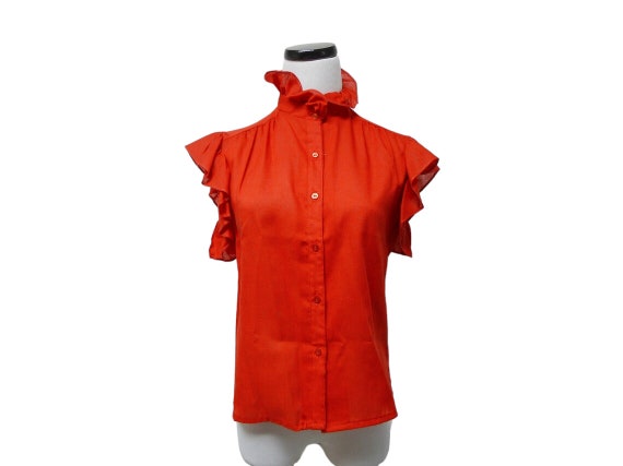 70s red ruffles sleeveless blouse . small - image 1