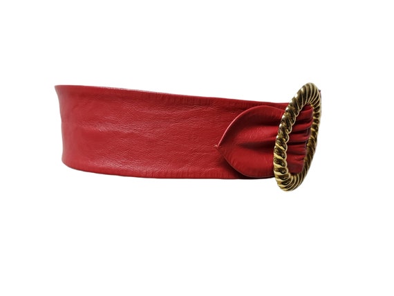 70s - 80s gold oval buckle red leather wide belt - image 2